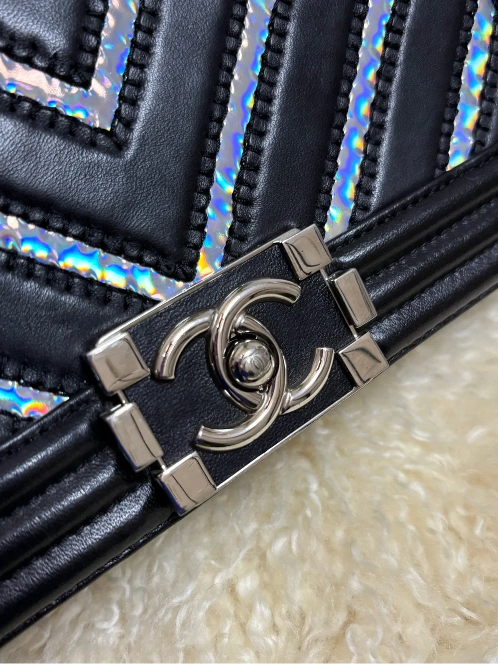 CHANEL Lambskin Iridescent PVC Chevron Quilted Medium Boy Flap Black Silver